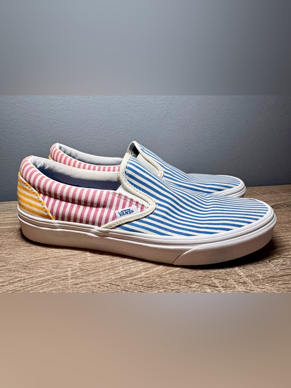 Vans Slip-On Striped Canvas Sneakers - Blue, Pink, Yellow - M 8.0 / W 9.5